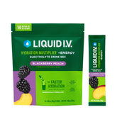 Liquid I.V. embalaje frontal BlackBerry Peach mostrando beneficios de hidratación