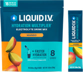 Liquid I.V. empaque frontal mango mostrando 16 sobres, fácil transporte