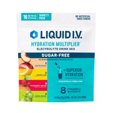 Liquid I.V. embalaje frontal del pack variedad mostrando los 16 sobres y beneficios