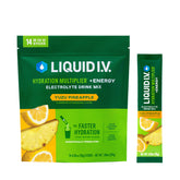 Liquid I.V. frontal caja y sobres mostrando sabor y beneficio de hidratación rápida
