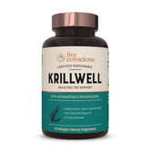 Live Conscious KrillWell frontal del envase mostrando garantía sostenible