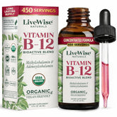 Live Wise Naturals frasco frontal B12 líquida mostrando etiqueta clara y beneficio de larga duración