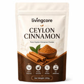 livingcore mostrador frontal del envase con canela Ceylon y beneficio de autenticidad