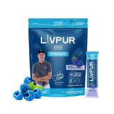 LivPur empaque frontal blue raspberry mostrando 15 sobres, portabilidad y conveniencia