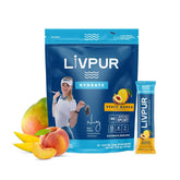 LivPur frente del empaque Peach Mango mostrando 15 sobres y beneficio hidratación rápida