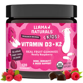 Llama Naturals frente del envase mostrando 120 gomitas y beneficios