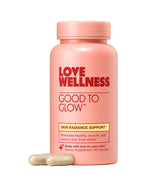 Love Wellness frasco Good to Glow al frente mostrando diseño y beneficios