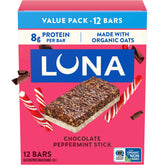 Luna Bar vista frontal de la caja mostrando el sabor y beneficios