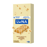Luna Bar empaque frontal mostrando sabor White Chocolate Macadamia y beneficios