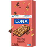 Luna Bar empaque frontal mostrando sabor y beneficios nutritivos