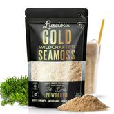 Luscious Sea Moss Empaque frontal que muestra polvo orgánico y rendimiento