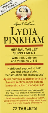 Lydia Pinkham frente del empaque mostrando la caja y la marca para fácil identificación del producto