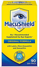 MacuShield frente del envase mostrando diseño y cantidad 90 cápsulas beneficio conveniencia