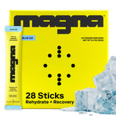 MAGNA empaque frontal Blue Ice mostrando diseño y porciones para hidratación rápida