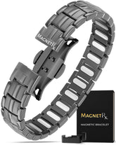 MagnetRX pulsera frontal gunmetal mostrando diseño elegante y beneficio de estilo duradero