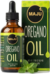 Maju Superfoods frasco frontal de aceite de orégano, visual claro y confiable