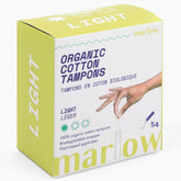 Marlow imagen frontal del envase mostrando 54 tampones y su beneficio ecológico