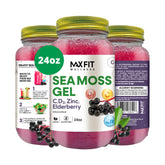 MAX FIT frasco frontal del gel de sea moss dorado mostrando envase y conservación
