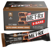 MET-Rx barra frontal empaquetada mostrando la marca y proteína portátil