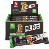 MET-Rx caja frontal mostrando 9 barritas y beneficio de conveniencia