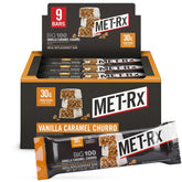 MET-Rx vista frontal del paquete mostrando sabor vainilla caramelo churro y conveniencia