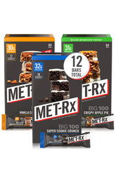 MET-Rx imagen frontal del paquete, muestra variedad y conveniencia