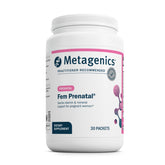 Metagenics Fem Prenatal frente del empaque mostrando sobres prácticos y beneficios