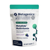 Metagenics MetaKids frontal del envase mostrando el producto y sabor uva