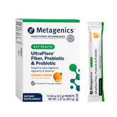 Metagenics UltraFlora Fiber vista frontal del envase mostrando marca y sabor naranja para confianza