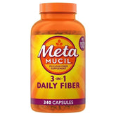 Metamucil envase frontal mostrando 340 cápsulas y beneficio de conveniencia