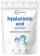 Micro Ingredients envase frontal del ácido hialurónico mostrando etiqueta y beneficio hidratante