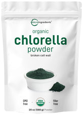Micro Ingredients empaque frontal de chlorella orgánica muestra tamaño y sello beneficioso