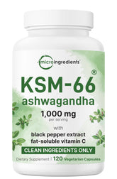 Micro Ingredients frasco KSM-66 frente mostrando etiqueta y beneficio de potencia