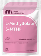 Micro Ingredients frasco frontal de L‑Methylfolate 240 cápsulas, visión clara del envase y beneficio de suministro prolongado