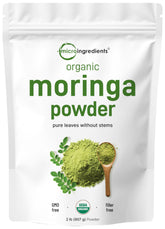 Micro Ingredients paquete frontal de moringa orgánica mostrando sello USDA y tamaño