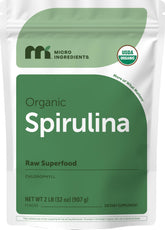 Micro Ingredients spirulina frontal mostrando presentación 2 lb y beneficio de suministro a granel