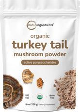 Micro Ingredients envase frontal de Turkey Tail extracto 50:1 mostrando etiqueta clara y orgánica