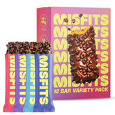 Misfits empaque frontal mostrando variedad de sabores y beneficios nutricionales