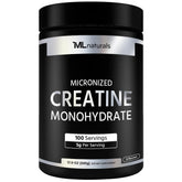 ML Naturals envase frontal de creatina 500 g, visibilidad clara del producto y marca