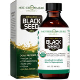 Mother Nature Organics botella frontal con aceite negro orgánico, presentación clara