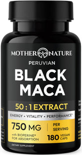 Mother Nature Organics frasco de MNO Organic Raw Black Maca frontal mostrando etiqueta clara y beneficios