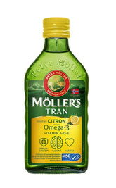 MÖLLER'S frontal botella 250 ml mostrando diseño y ventaja de sabor limón