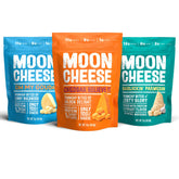 Moon Cheese envase frontal mostrando los tres sabores y transporte fácil