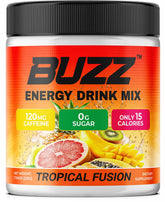 Morning Buzz frente del envase mostrando marca y sabor Tropical Fusion para energía práctica