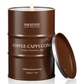 M&SENSE vela cappuccino vista frontal y etiqueta elegante, ideal regalo