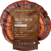 MUD\WTR envase frontal mostrando etiqueta orgánica y beneficios claros