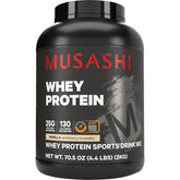 Musashi tarro frontal de vainilla mostrando tamaño 2 kg y conveniencia