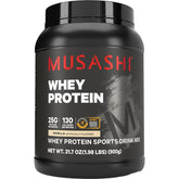 Musashi envase frontal vainilla mostrando tamaño y beneficio práctico