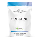 Muscle Feast envase frontal mostrando creatina pura y datos clave para confianza