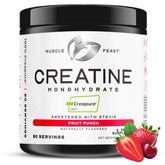 Muscle Feast envase frontal Creapure mostrando 300 g y sabor Fruit Punch, beneficio claridad de información